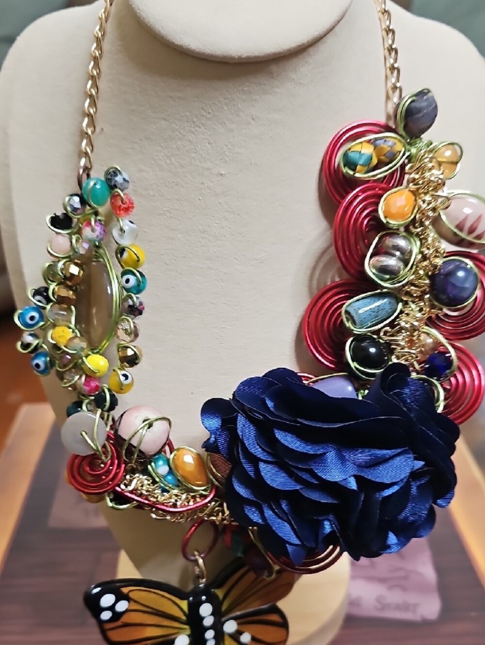 Statement Floral & Butterfly Pendant Necklace - Blue - Picture 4 of 12